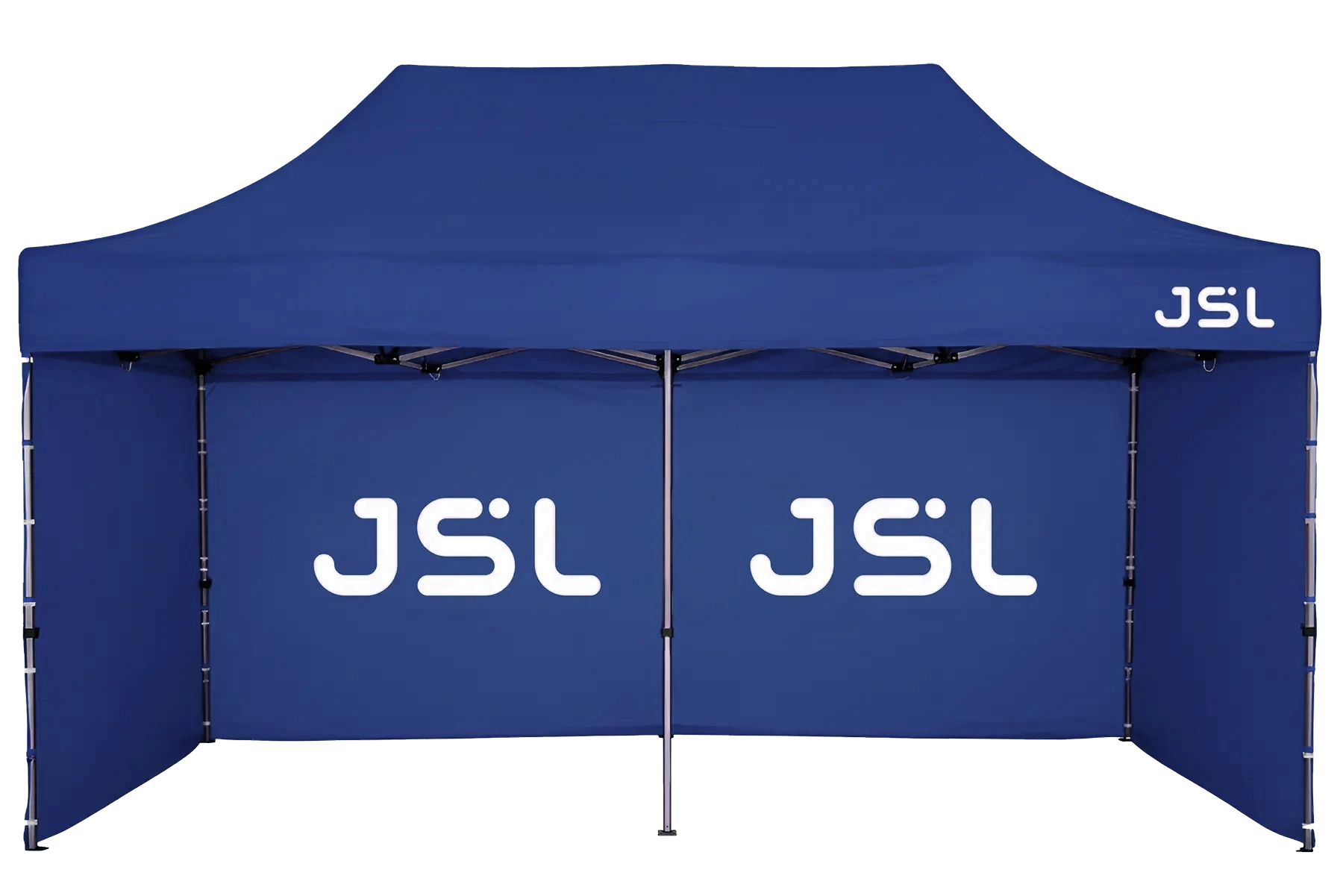 Blauer Faltpavillon 3×6 mit 3 Seitenwänden und individuellem Druck